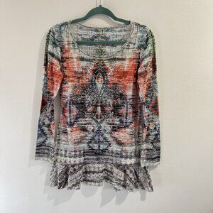 Vintage Y2K 90s Cristina V Tunic Shirt S Studded Cross Burnout Southwestern